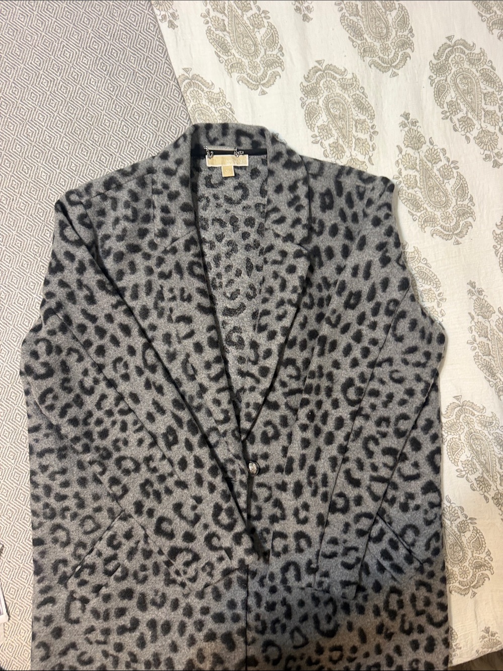 Michael Kors Gray and Black Leopard Print Cardigan Blazer